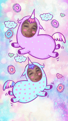 a girl in a unicorn costume is surrounded by donuts and hearts