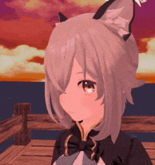 a girl with cat ears is standing on a dock near the ocean