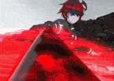 a girl with red hair and blue eyes is holding a red object
