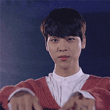 a young man wearing a red sweater and a white shirt is making a heart with his hands .