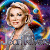 a painting of joan rivers with a rainbow background