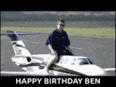 a man is riding a small airplane on a runway and the caption says happy birthday ben