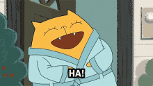 a cartoon cat is wearing a robe and says ha