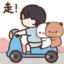 a cartoon of a boy riding a scooter with a teddy bear on the back .