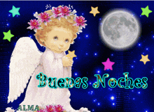 a picture of a baby angel with the words buenas noches on the bottom