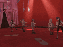 a group of anime characters are standing on a stage and they are saying hey