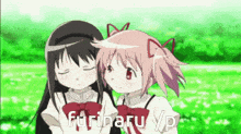two anime girls are standing next to each other in a field and the words furiharu yp are on the bottom