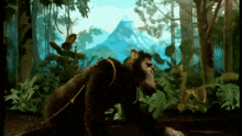 a monkey on a leash in a forest with mountains in the background
