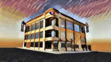 a painting of a building with a french flag on it