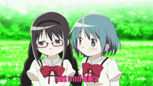 two anime girls are standing next to each other and the words but and luka are visible