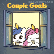 a couple of unicorns are looking out of an open window with the words couple goals written above them