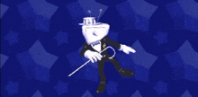 a cartoon character with a top hat and a cane on a blue background