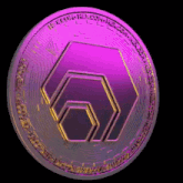 a close up of a purple coin with a hexagonal design
