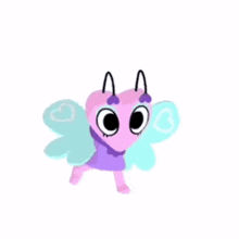 a cartoon butterfly with hearts on its wings is wearing a purple dress and scarf .