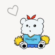 a cartoon drawing of a cheerleader bear wearing a blue shirt that says kumajpu