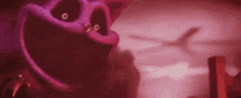 a purple monster with a big mouth is standing in a dark room with a helicopter in the background .