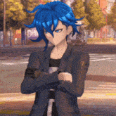 a man with blue hair is standing with his arms crossed in front of a street .