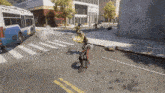 a video game scene with a blue and white bus that says nyc on the front