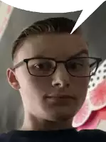 a young man wearing glasses has a speech bubble coming out of his head