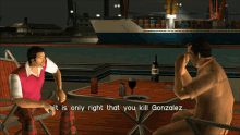 two men sitting at a table in a video game talking about killing gonzalez