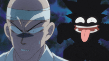 a bald man with a bandage on his head stands next to a cartoon character with a tongue sticking out