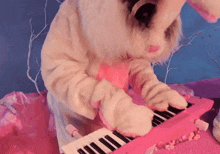 a stuffed animal in a bunny costume is playing a pink piano