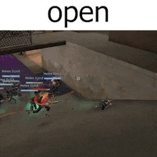 a group of people are playing a video game with the word open above them