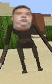 a man with a big head and long legs is sitting on the ground .