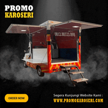 an advertisement for promo karoseri shows a truck with the doors open