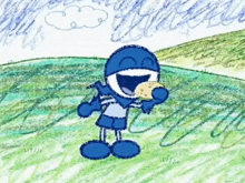a drawing of a blue cartoon character laughing with a piece of cheese in his mouth