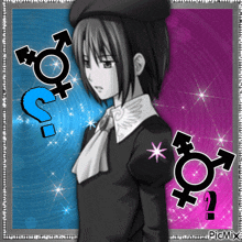 a picture of a girl with transgender symbols and a question mark in the middle