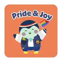 an illustration of a penguin holding a rainbow flag with the words pride & joy above him