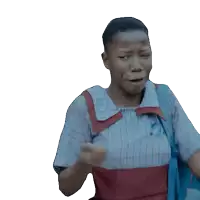 a woman in a plaid shirt and red apron is holding a blue bag