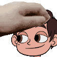 a hand is putting a donut on a cartoon boy 's head .
