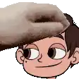 a hand is putting a donut on a cartoon boy 's head .