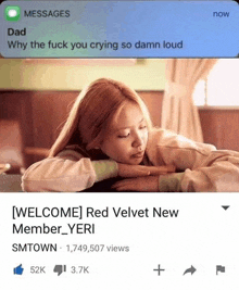 a girl is laying on a bed with her eyes closed and a message from her dad .