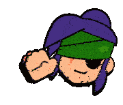 a cartoon character with purple hair and a green bandage on his head
