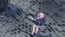 a girl in a blue dress is standing on a cobblestone street holding a sword .