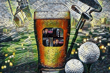 a painting of a glass of beer , golf clubs and golf balls
