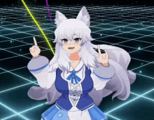 a white haired anime girl in a blue and white outfit giving the middle finger