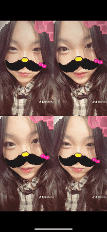 a girl with a mustache on her face has the letters j on the bottom