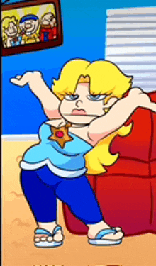 a cartoon character is standing in front of a red couch with her arms outstretched