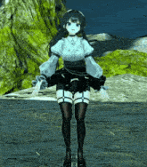 a girl in a white shirt and black skirt stands in front of a green hill