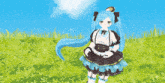 a girl with a mushroom on her head is standing in a field