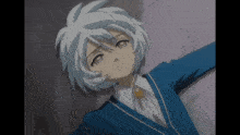 a young boy with white hair and a blue jacket