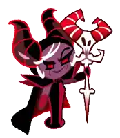 a cartoon character with horns and a sword in his hand .