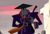 a cartoon character with a sword and a hat with the letter e on it