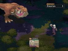 a pixel art game shows a t-rex fighting a dragon with the enemy being zaurus 1