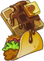 a cartoon drawing of a taco and a waffle with syrup on top