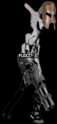 a robot with a helmet on is holding a gun and says pleez ? : d .